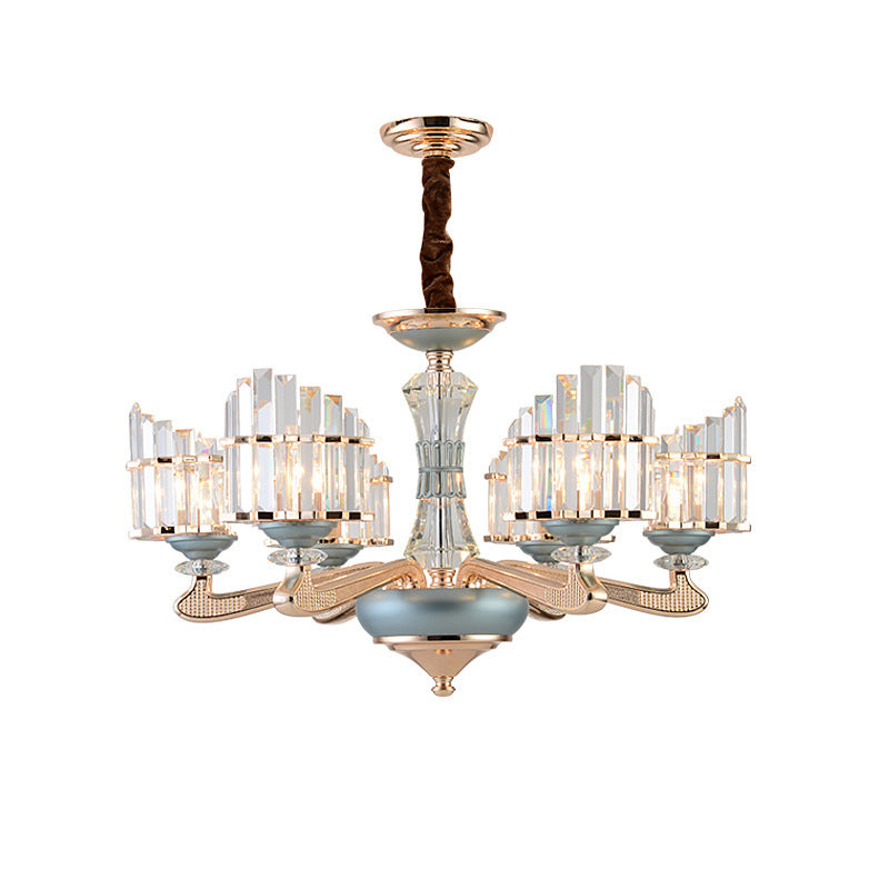 Contemporary Crystal Block Chandelier With Blue Ceramic Accents - 6 Bulbs Gold Finish