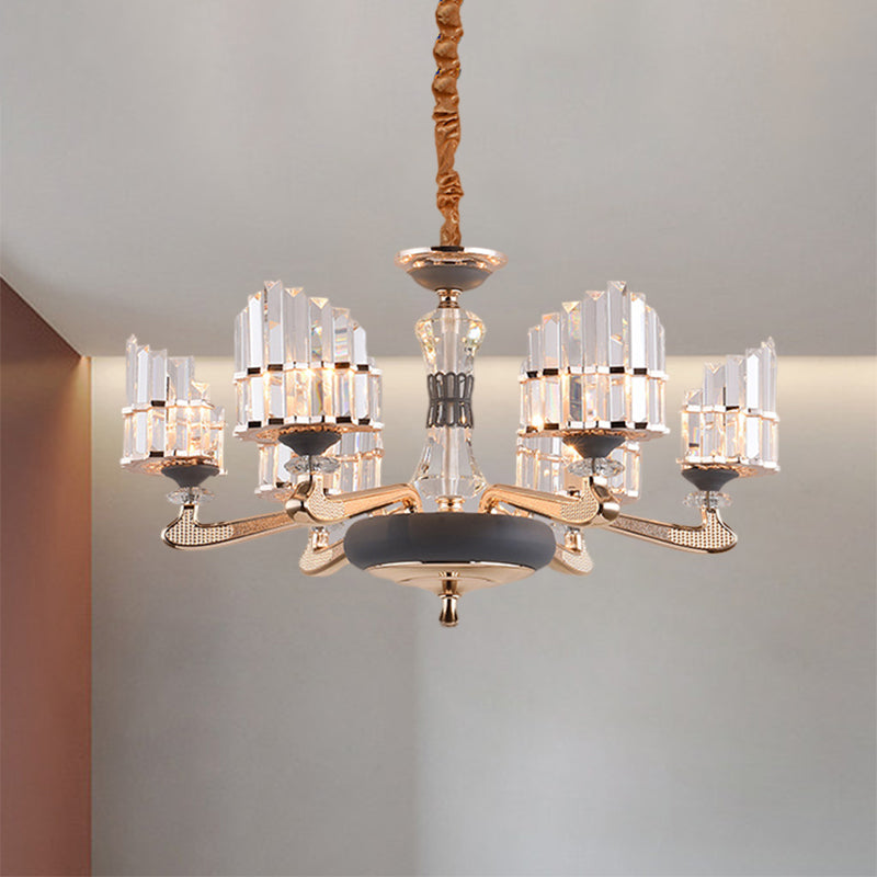 Modernist Crystal Block Pendant Chandelier - Arced Panel 6-Light Gold Ceiling Fixture For Dining