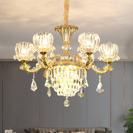 Contemporary Gold Finish 6-Light Crystal Glass Flower Chandelier Pendant Lamp