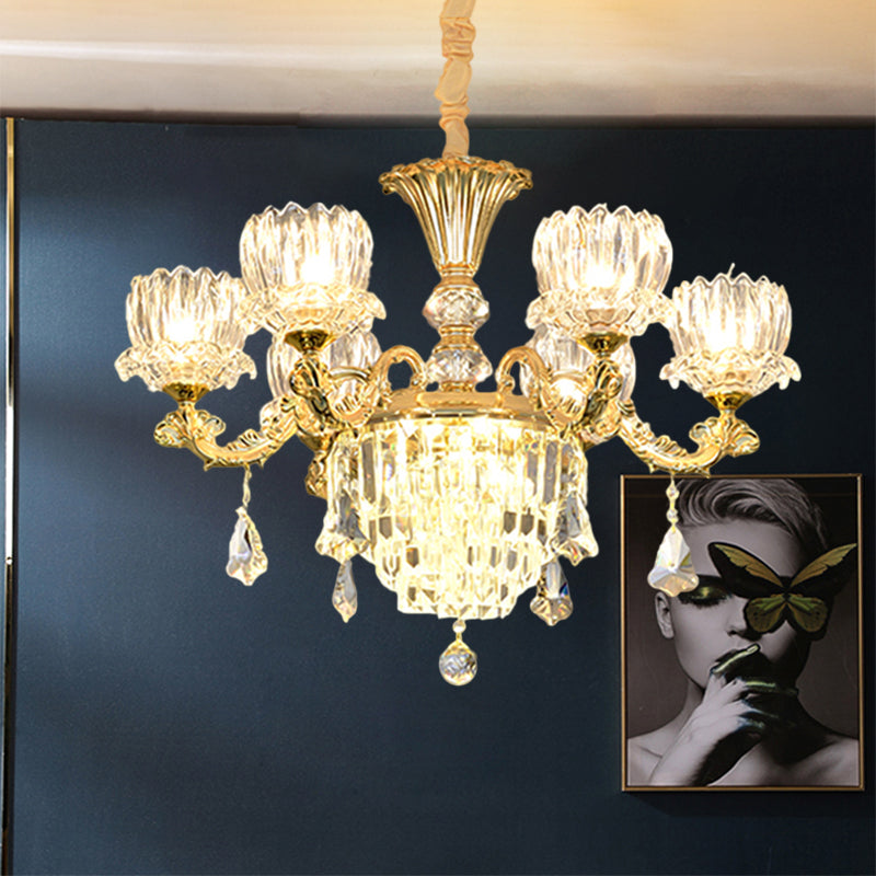 Contemporary Gold Finish 6-Light Crystal Glass Flower Chandelier Pendant Lamp