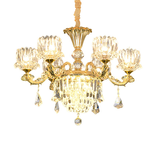 Contemporary Crystal Flower Led Chandelier With Gold Finish - 6-Light Hanging Pendant Lamp