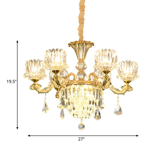 Contemporary Gold Finish 6-Light Crystal Glass Flower Chandelier Pendant Lamp