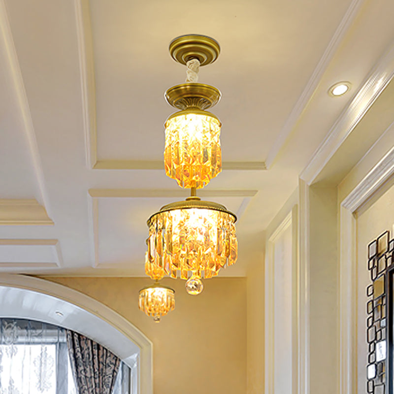 Gold Led Hanging Chandelier With 2-Tier Cylinder Shade And Umber Crystal - Modernist Hallway