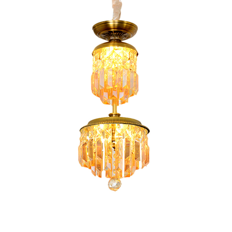 Gold LED Suspension Chandelier with 2-Tier Umber Crystal Shade - Modernist Hallway Hanging Light