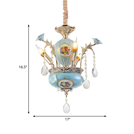 Blue Traditional Ceramic Hanging Chandelier - 2 Layers 3-Light Corridor Pendant Lamp