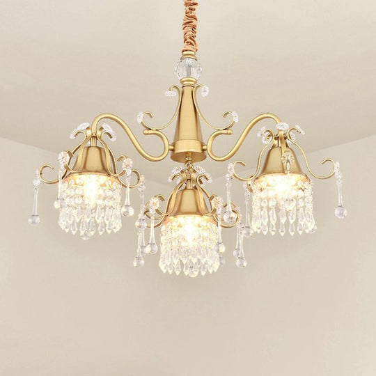 Modern Gold Crystal Drip Cylinder Chandelier with 3 Pendant Lights for Bedroom