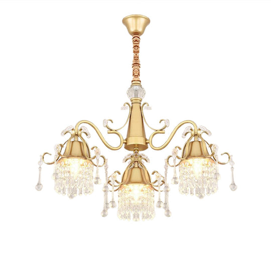 Modern Gold Crystal Drip Cylinder Chandelier with 3 Pendant Lights for Bedroom