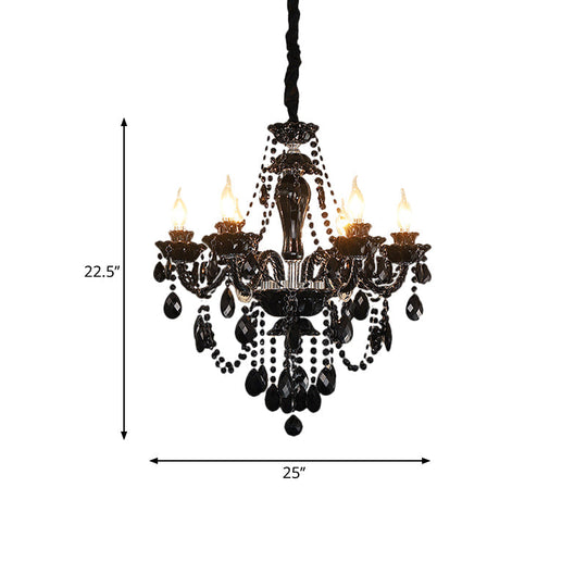 Modern Black Crystal Candelabra Chandelier Light Fixture With 6 Bulbs For Swag Ceiling Suspension