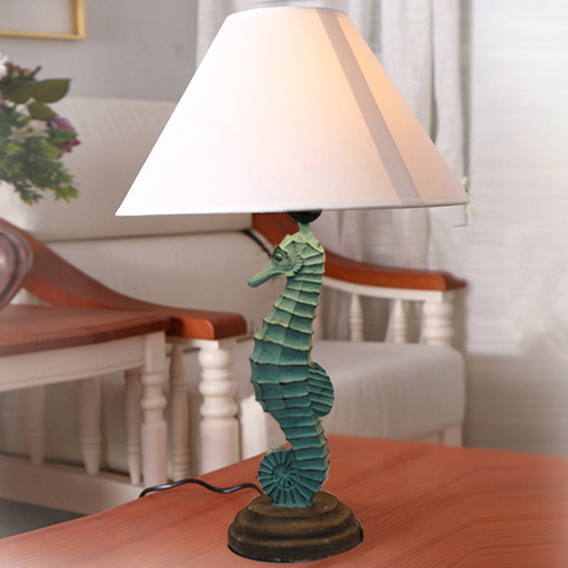 Modern Green Seahorse Bedside Night Lamp With Cone Fabric Shade