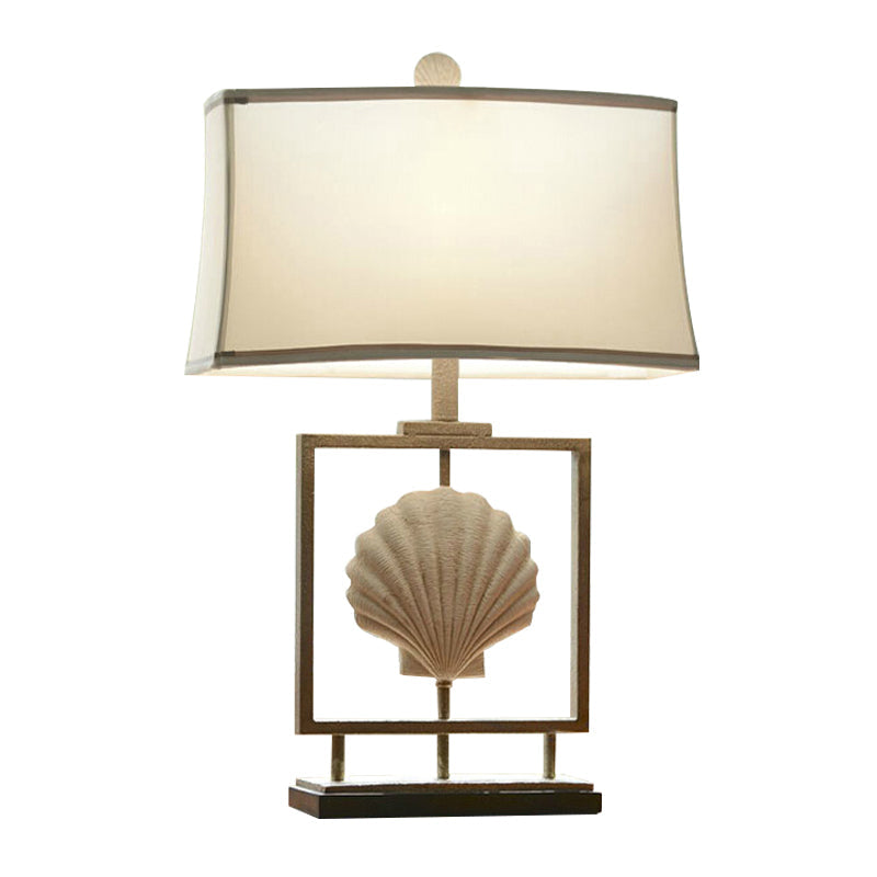 White Fabric Table Lamp: Traditional Rectangle Shape 1-Light Night Light With Shell Decor