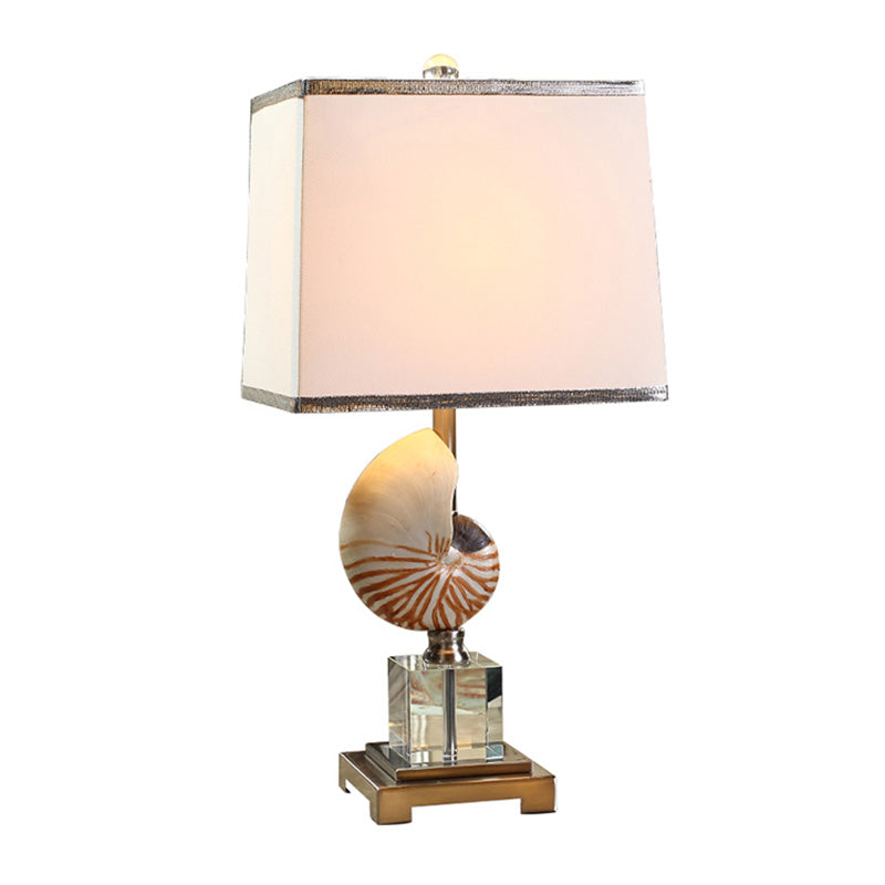 White Fabric Cuboid Nightstand Lamp With Decorative Nautilus Shell Accent - 1 Head Night Table Light