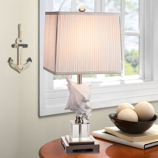 Silver/White Conch Shell Night Light Countryside Resin Table Lamp With Pleated Fabric Shade