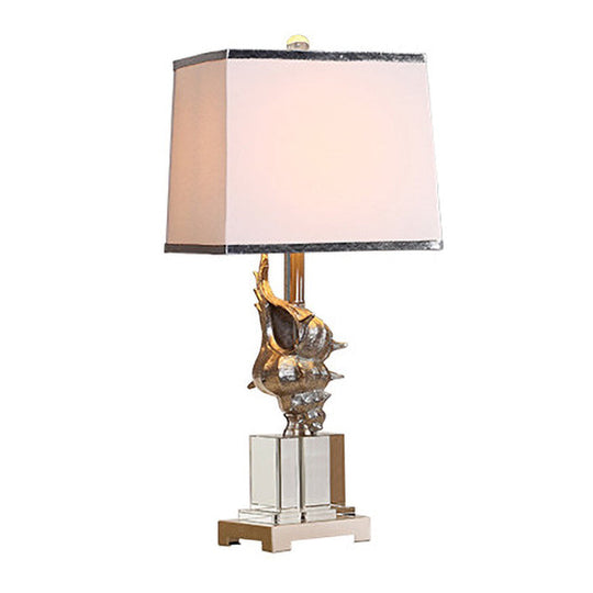 Silver/White Conch Shell Night Light Countryside Resin Table Lamp With Pleated Fabric Shade