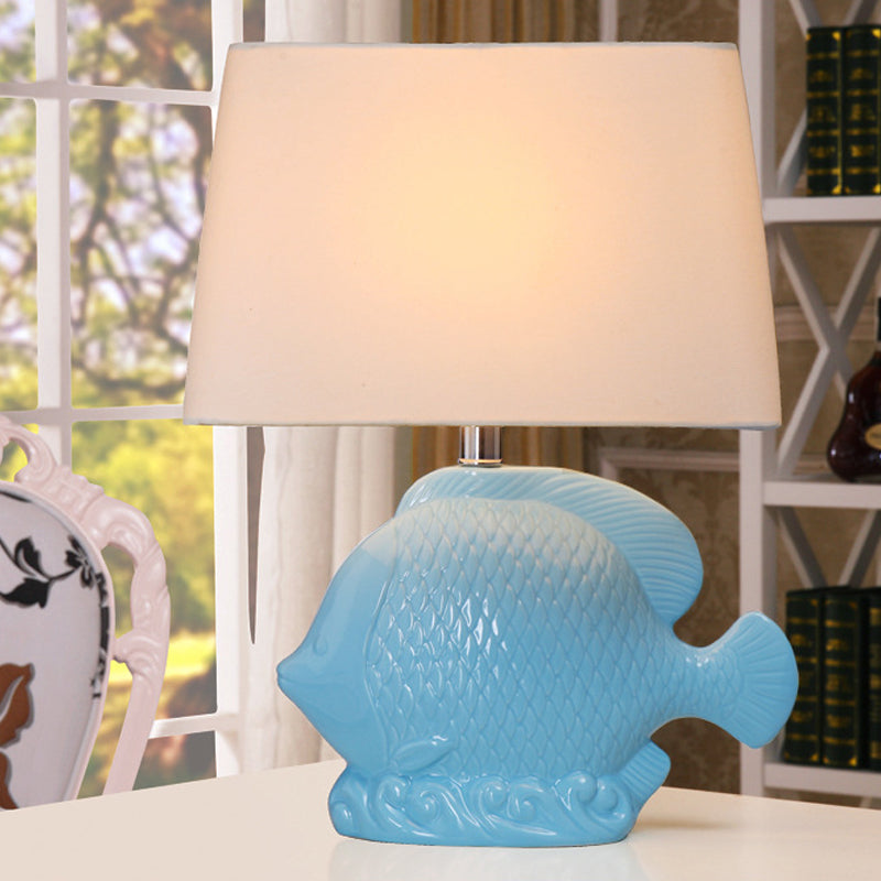 Ceramic Blue Tropical Fish Single-Bulb Table Lamp With Rectangle Fabric Lampshade