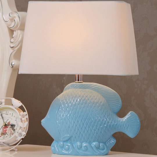 Ceramic Blue Tropical Fish Single-Bulb Table Lamp With Rectangle Fabric Lampshade