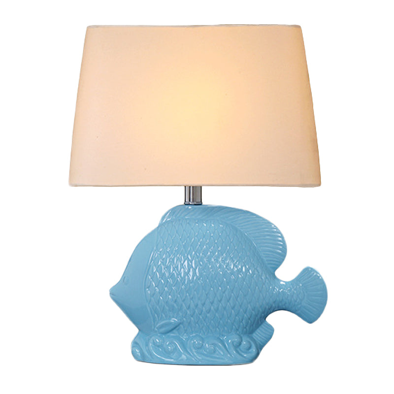 Ceramic Blue Tropical Fish Single-Bulb Table Lamp With Rectangle Fabric Lampshade