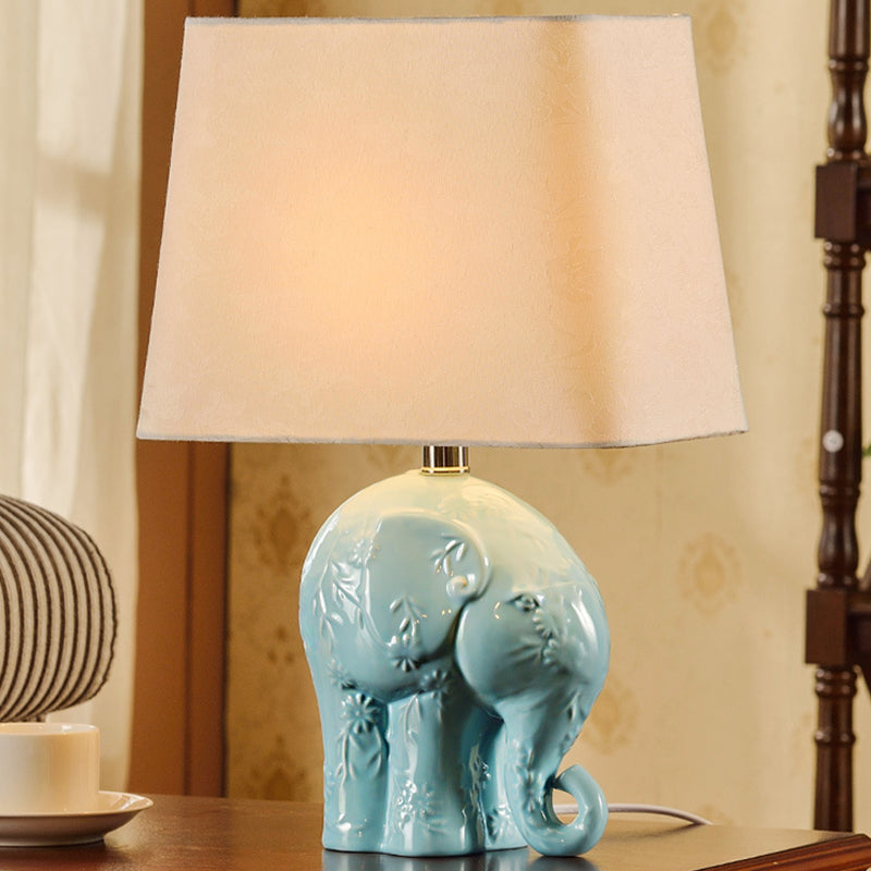 Blue Ceramic Elephant Table Lamp - Farmhouse Night Light With Trapezoid Fabric Shade