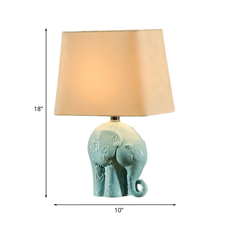 Blue Ceramic Elephant Table Lamp - Farmhouse Night Light With Trapezoid Fabric Shade