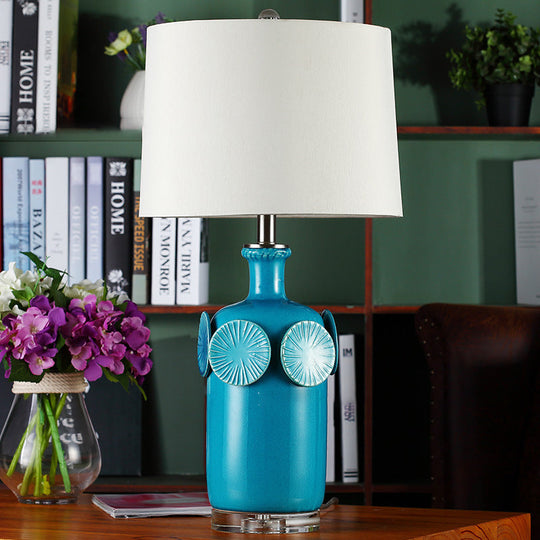 Country Style Blue Ceramic Table Lamp With Fabric Shade - Jug Nightstand Lighting