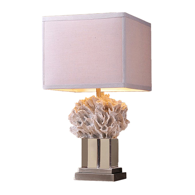 Rose - Rustic Single Resin Night Table Lamp Rustic White Seaweed Bedroom Nightstand Light with Cube Fabric Shade