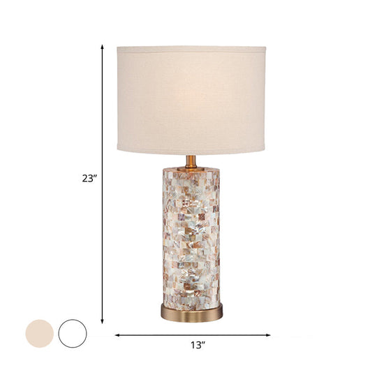 Isabelle - Shell Shell Patchwork Column Nightstand Light Minimalist 1 Head Parlor Table Lamp with Cylinder Fabric Shade in Flaxen/White