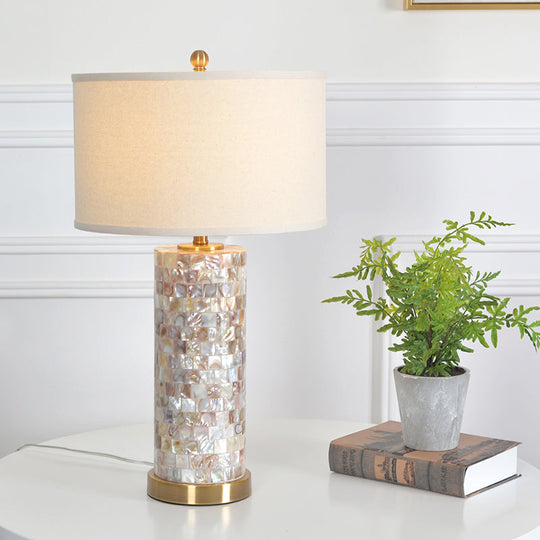 Isabelle - Shell Shell Patchwork Column Nightstand Light Minimalist 1 Head Parlor Table Lamp with Cylinder Fabric Shade in Flaxen/White