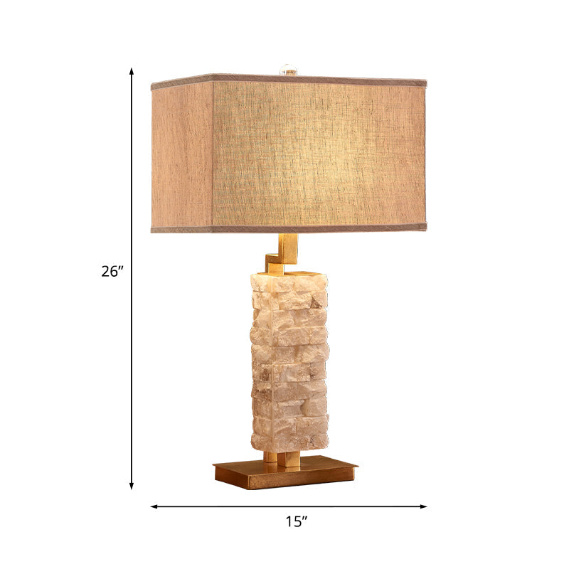 Traditional Flaxen Rectangular Table Lamp - Head Stone Night Stand Light With Fabric Shade