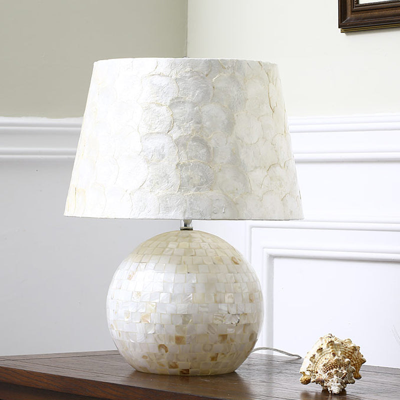 White Minimalist Globe And Drum Table Lamp - Single-Bulb Shell Nightstand Light