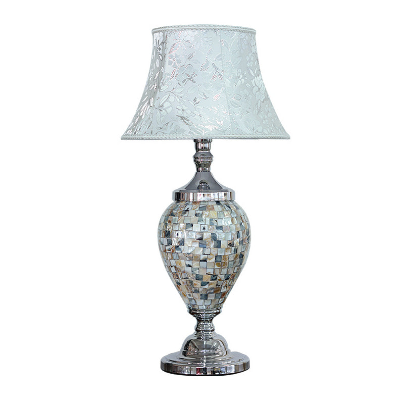 Traditional Light-Blue Print Fabric Table Lamp With Shell Base - Flared Design For Living Room Night