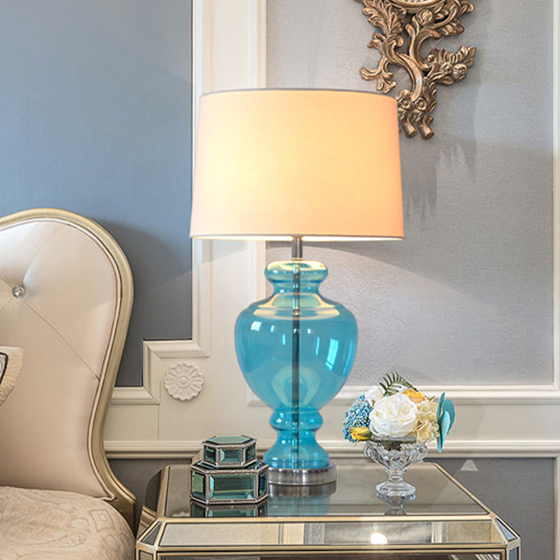 Annamaria - Retro 1 Head Table Lighting Retro Bedroom Nightstand Lamp with Urn Blue Glass Base and Drum Fabric Shade