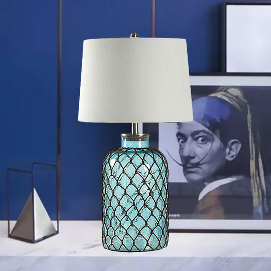 Nicole - Blue Jar Blue Glass Table Stand Lamp Vintage Single Living Room Night Light with Trellis Net and White Shade