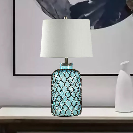 Nicole - Blue Jar Blue Glass Table Stand Lamp Vintage Single Living Room Night Light with Trellis Net and White Shade