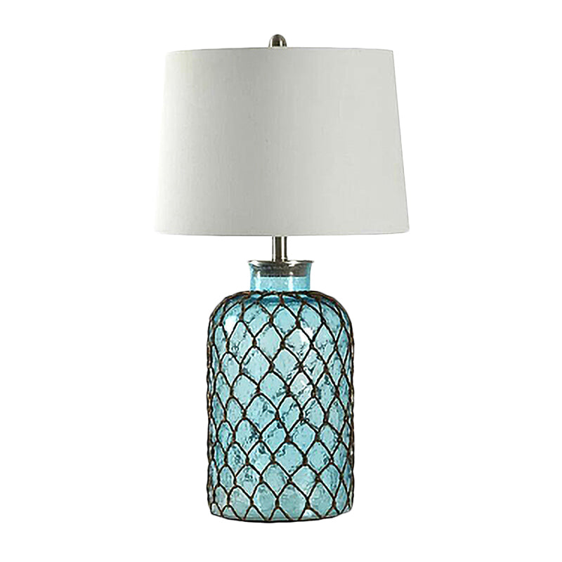 Vintage Blue Glass Table Lamp With Trellis Net & White Shade - Elegant Night Light For Living Room