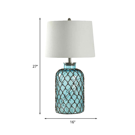 Nicole - Blue Jar Blue Glass Table Stand Lamp Vintage Single Living Room Night Light with Trellis Net and White Shade