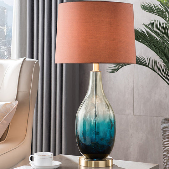 Contemporary Beige/Brown Drum Table Lamp With Blue Glass Base