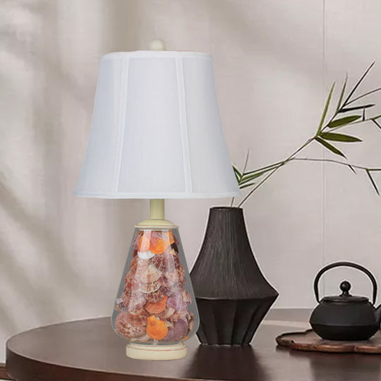 Flared Shade Night Light: White Countryside Fabric Bedside Table Lamp (12/16 Wide) With Decorative