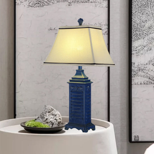 Angélique - Retro 1-Light Pagoda Night Table Lamp Retro White Fabric Nightstand Light with Dark Blue Pedestal