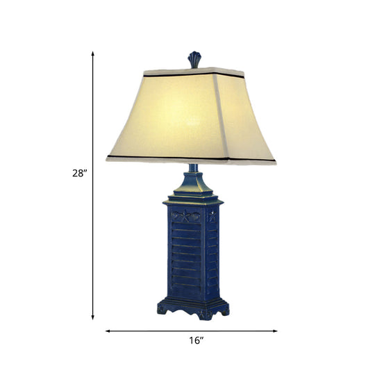 Retro White Fabric Pagoda Night Table Lamp With Dark Blue Pedestal - 1-Light Nightstand Light