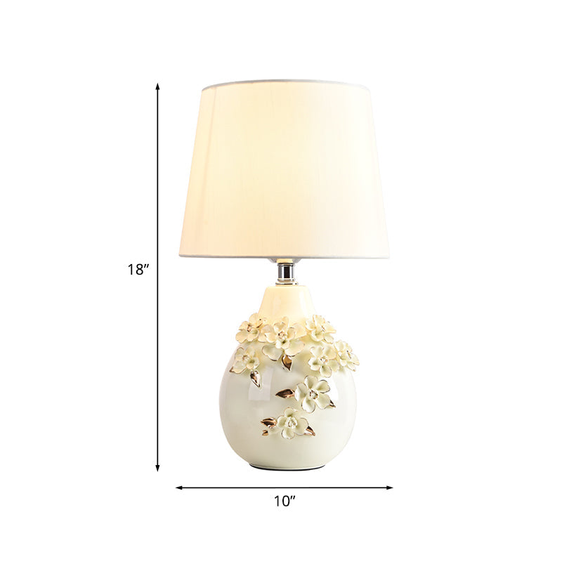 Traditional Ceramic White Table Lamp With Magnolia Embellished Vase Single Night Light Shade 18/19.5