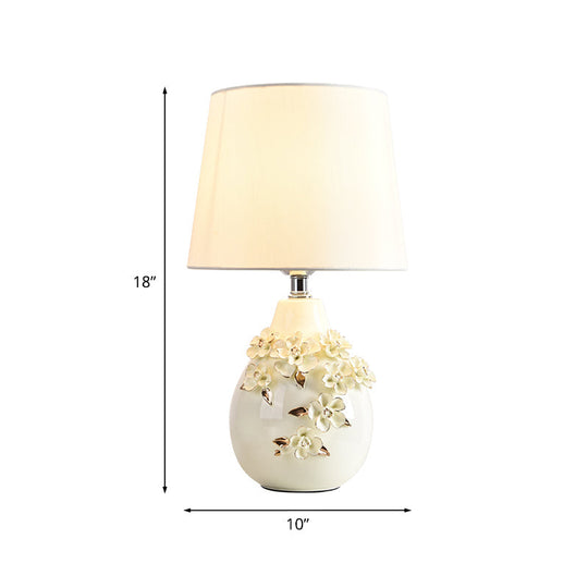 Traditional Ceramic White Table Lamp With Magnolia Embellished Vase Single Night Light Shade 18/19.5