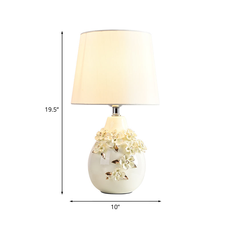 Traditional Ceramic White Table Lamp With Magnolia Embellished Vase Single Night Light Shade 18/19.5