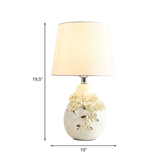 Traditional Ceramic White Table Lamp With Magnolia Embellished Vase Single Night Light Shade 18/19.5