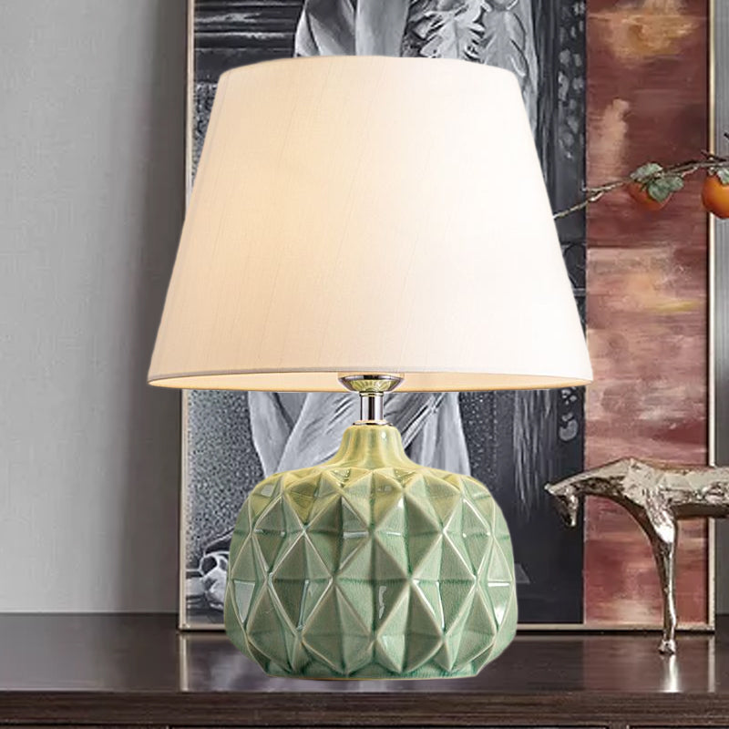 Rustic Trellis Ceramic Night Lamp: Green/White Bedside Table Light With Cone Shade