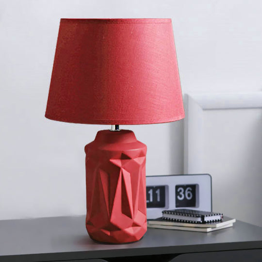 Minimalistic Ceramic Red Nightstand Lamp - Geometric-Cut Cylinder Shape