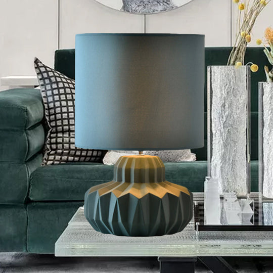 Minimalist Single Cylinder Night Light For Sitting Room | Blackish Green Fabric Table Lighting