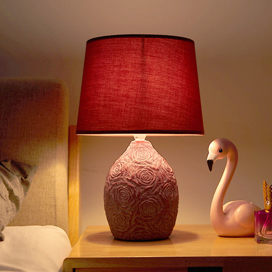 Rustic Carved Rose Pot Night Lamp With Ceramic Table Light - Purple/Red Tapered Drum Shade