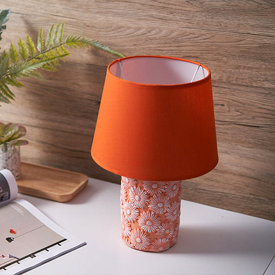 Rustic Orange Drum Table Lamp With Carved Sunflower Base