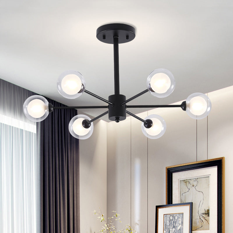 Modern Metal Burst Chandelier Light - 6 Lights Black Clear Glass Shade