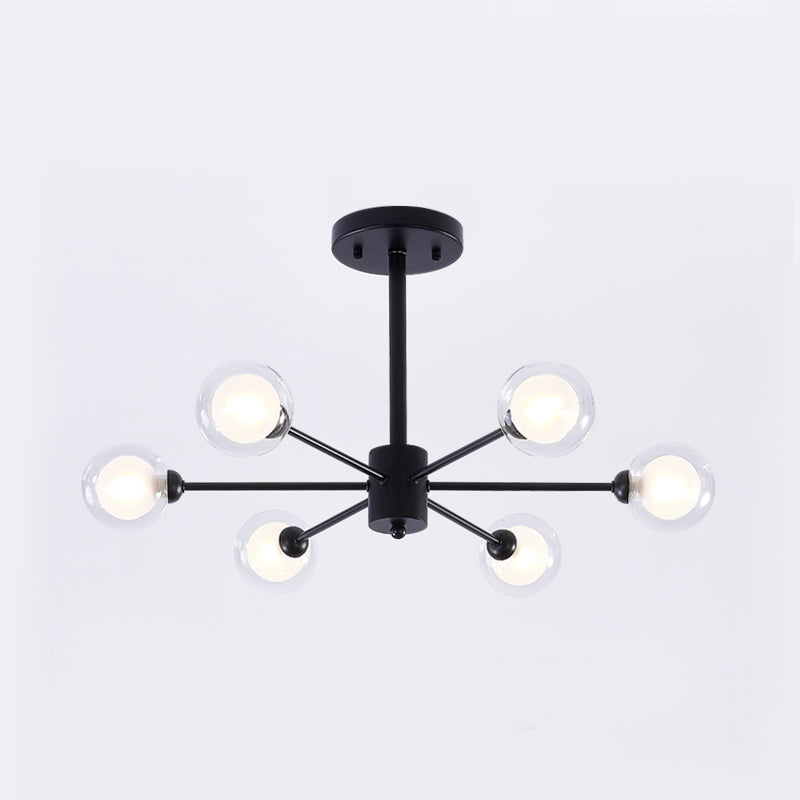 Modern Metal Burst Chandelier Light - 6 Lights Black Clear Glass Shade