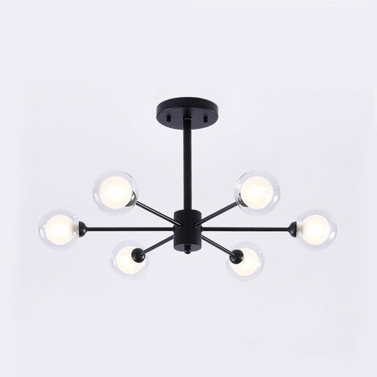 Modern Metal Burst Chandelier Light - 6 Lights Black Clear Glass Shade